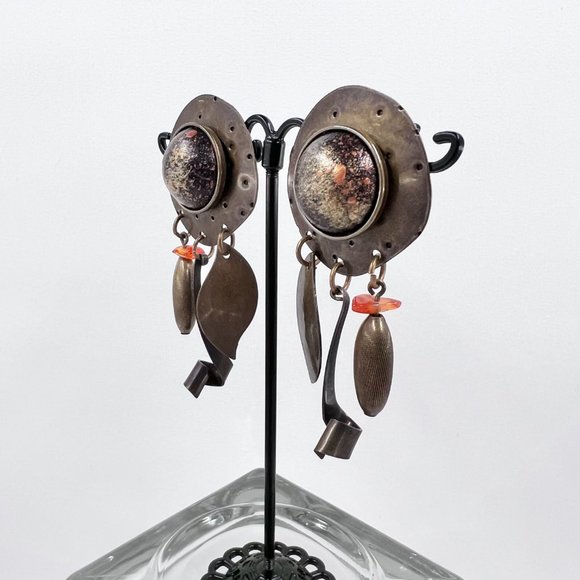 NWOT - Artisan BOHO Brass Tone Textured Metal Dangle Post Earrings - Picture 3 of 6